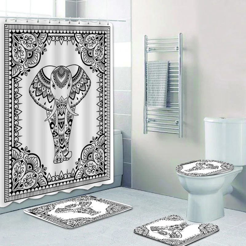 

Elegant Black White Henna Tattoo Elephant Border Shower Curtain Set for Bathroom Mandala Mehndi Bath Mats Rugs Toilet Lid Cover