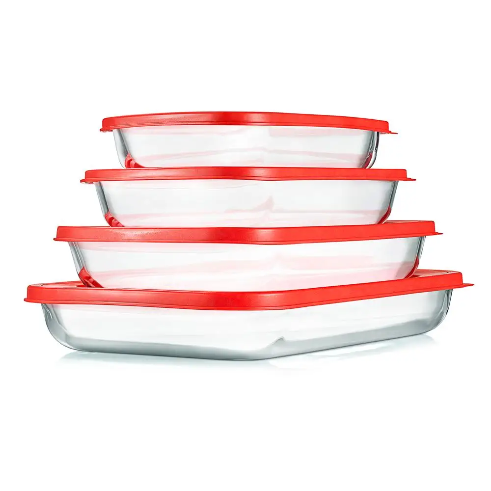 

4 Sets Glass Bakeware - High Borosilicate Rectangular Glass Baking Dish w/ Red BPA-Free PE Lids, Freezer-to-Oven Home Kitchen Ba