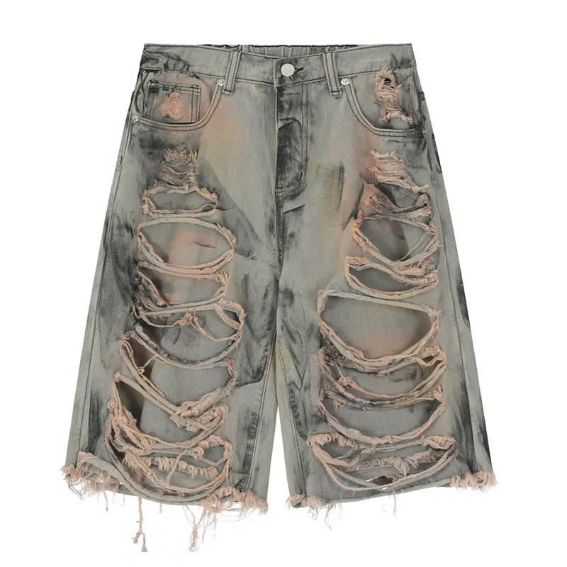 

Винтажные джинсовые шорты Hi Street с рваными дырками, свободные потертые джинсовые шорты в уличном стиле для мужчин