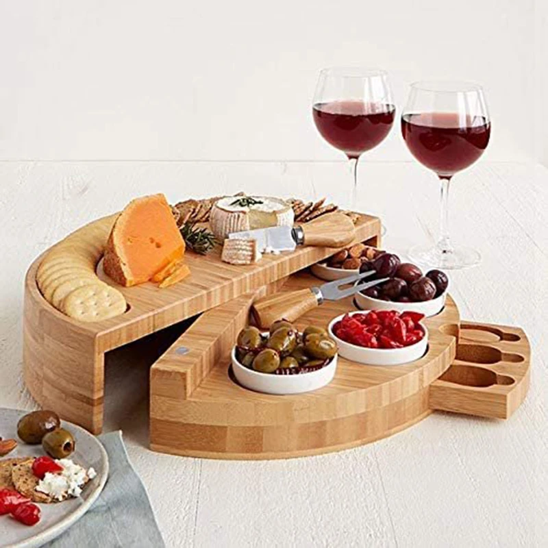 1Set Cheese Board Cutlery Cutter Set with Slide Out Drawer Cooking Tools Slicer Fork Scoops Cut Kitchen Storage Cheese Board