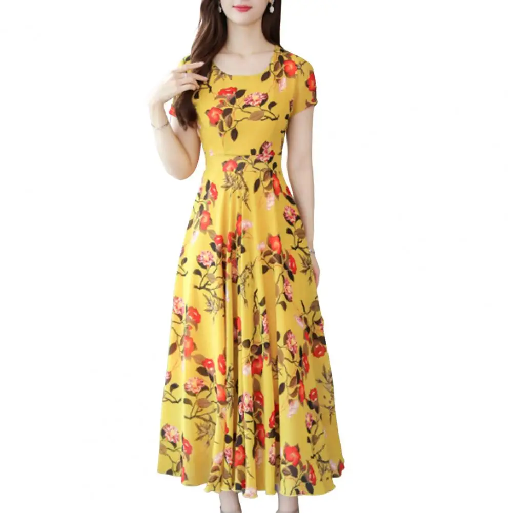 

Holiday Dress Skin-touching Summer Dress Pleated Large Hem Classic Vivid Flower Pattern T-shirt Casual Dress Streetwear