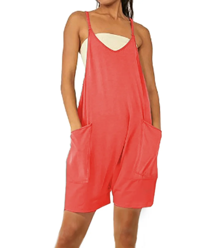 

Summer Playsuits Rompers Women Casual Solid Strappy Pockets Wide Leg Shorts Jumpsuits Ladies Loose One Piece Outfit Homewear