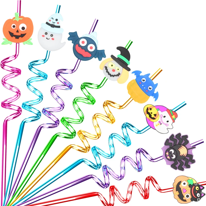 Halloween Party Decoration Straws Ghost Festival Funny Cartoon Kids Plastic Spiral Drink Straw Party Dress Up Reusable Straws