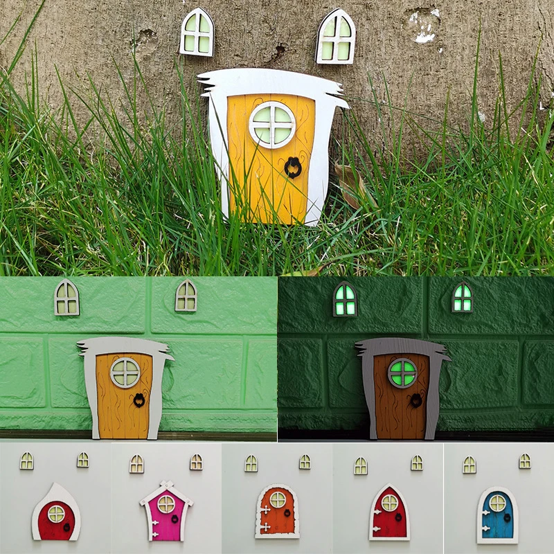 

1Set Wooden Fluorescent Fairy Door Craft Garden Decor Dollhouse Assembly Kit Vintage House Miniature Children Diy Gift