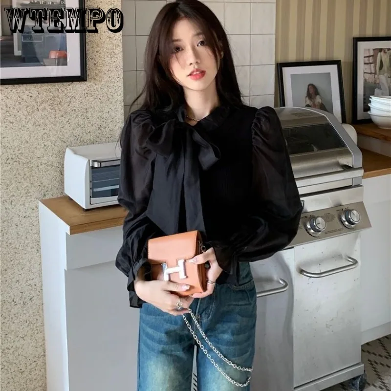 Модная рубашка WTEMPO с бантом Женская Лоскутная длинным рукавом и шнуровкой