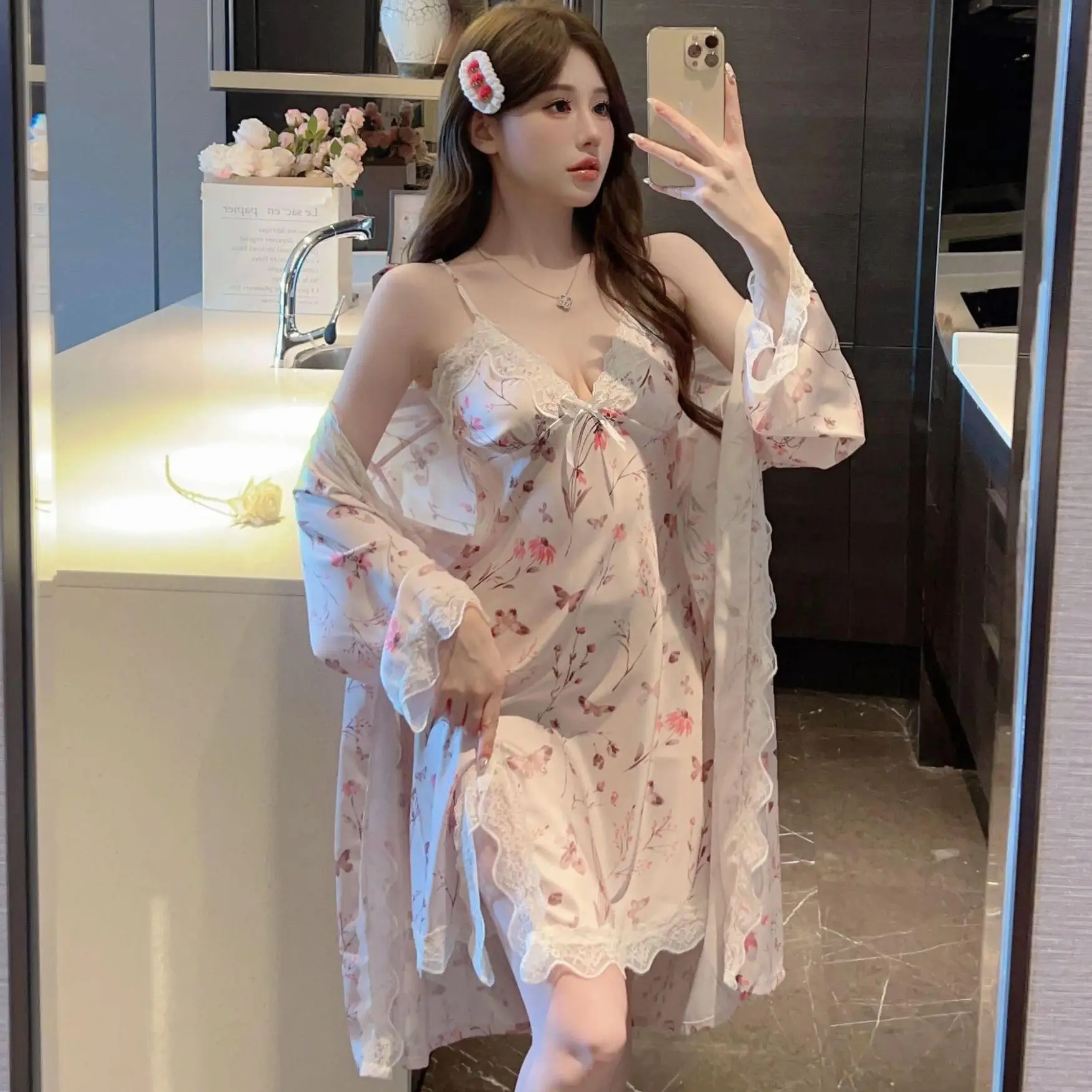 Халат женский с принтом комплект из двух предметов ночная рубашка для невесты