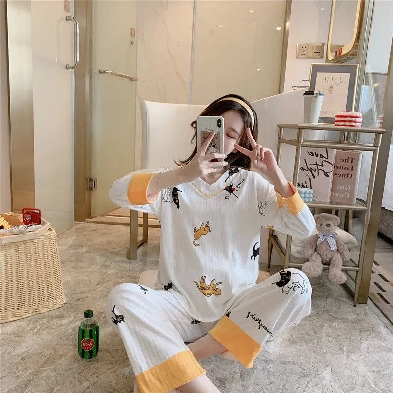 Пижама женская весна-лето 2023 новый тонкий хлопковый пижамный комплект с длинным