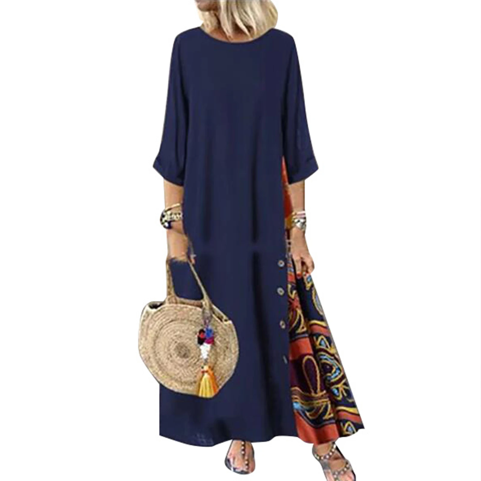 

Women Loose Polyester Retro Floral Autumn Maxi Dress Stitching Party Long Baggy 3/4 Sleeve Crew Neck Casual Daily Soft