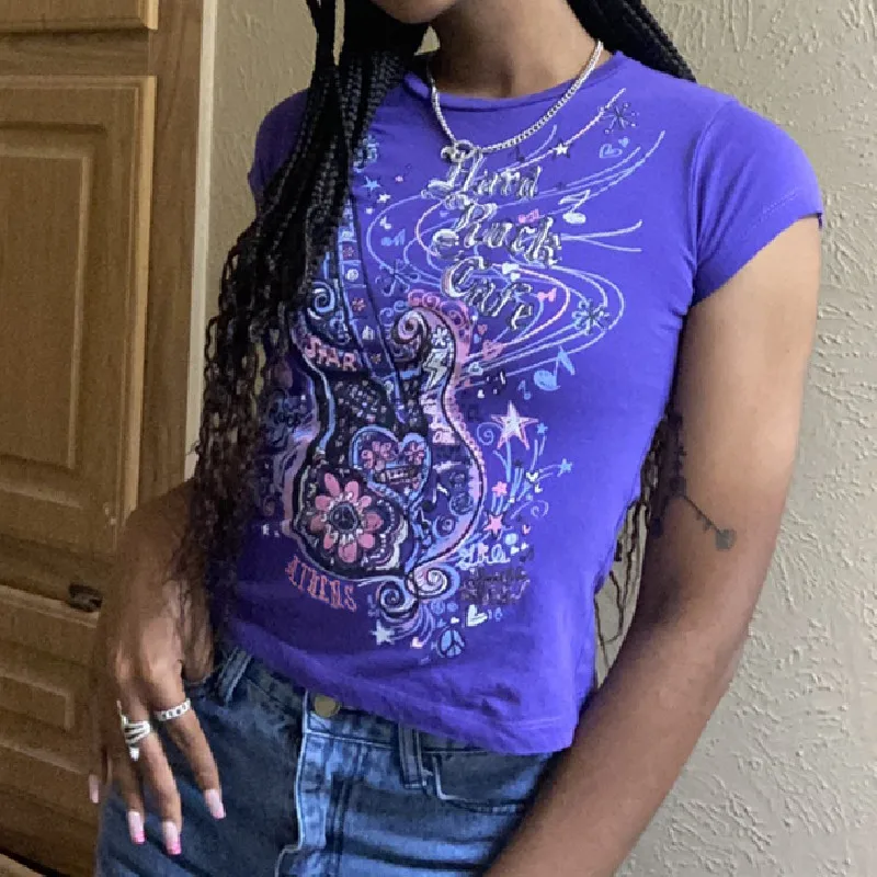 

Women Short Sleeve T-Shirt Fashion Guitar Letter Print Summer Chic Wild Casual Round Neck Slim Fit Tops