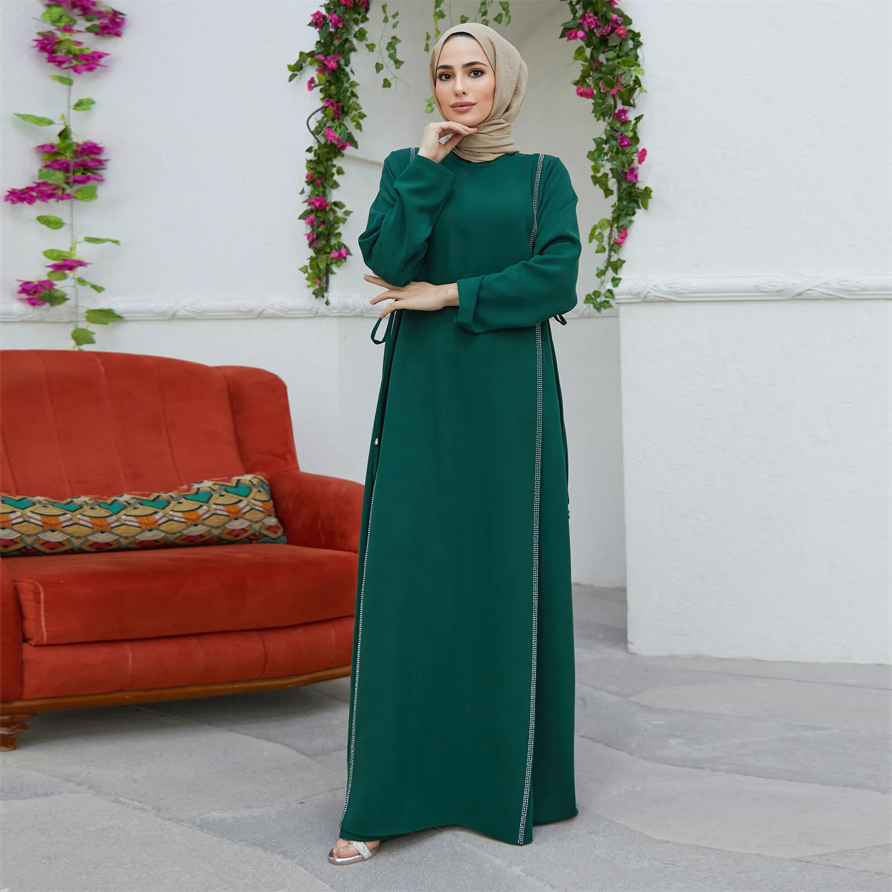 Muslim Fashion Middle Eastern Robe Diamond Spliced Waist Hijab Dress Abaya Dress Islamic Clothing for Women Abayas for Women