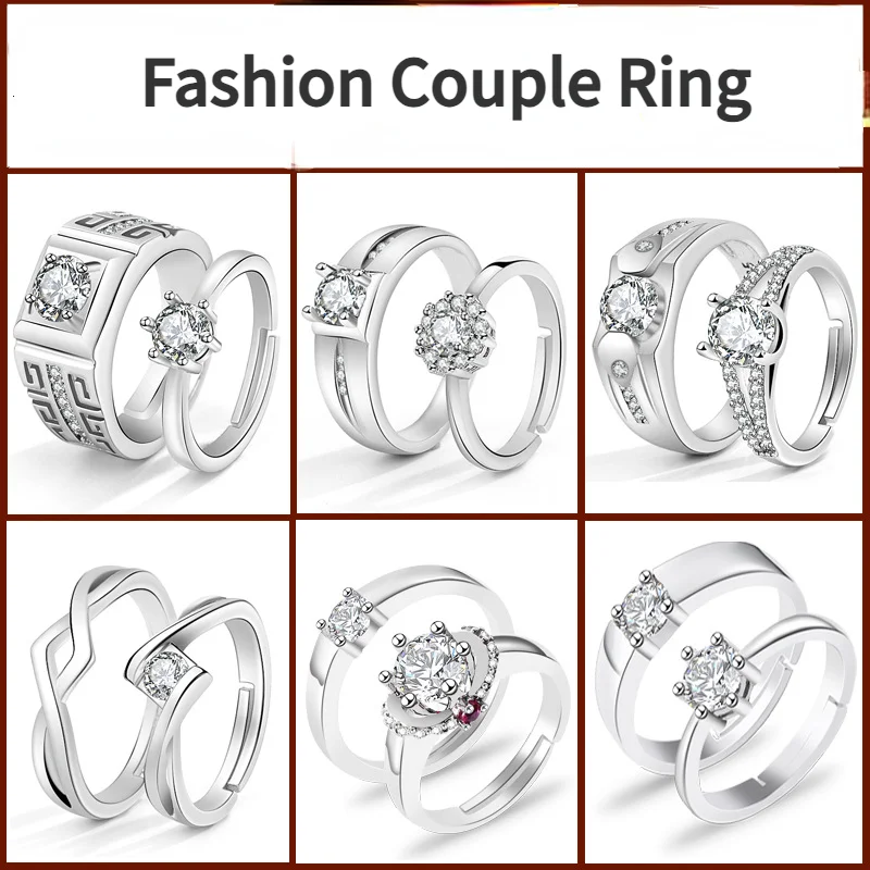 

1Pair Simple Zircon Couple Rings European American Crown Opening Rings Anniversary Gift Engagement Decoration
