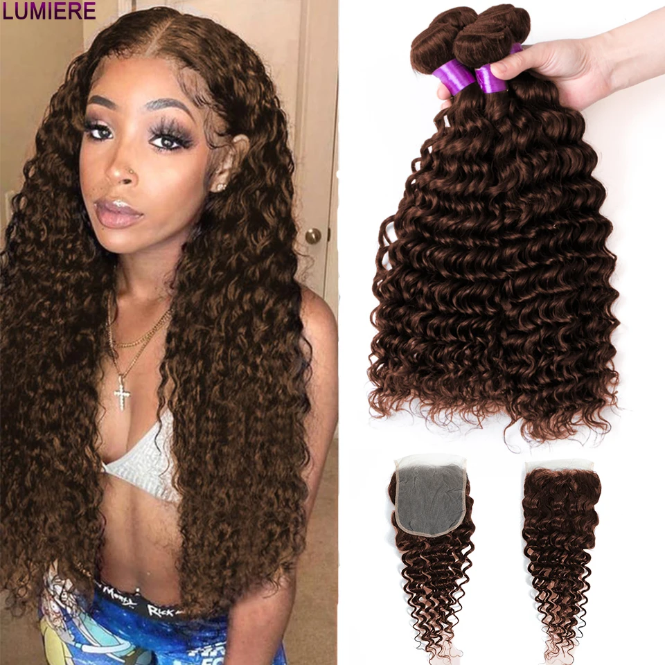 

Lumiere 10"-28" 100% Remy #4 Deep Wave Machine Double Weft Human Hair Bundles With 4X4 Medium Brown Lace Closure For Black Women