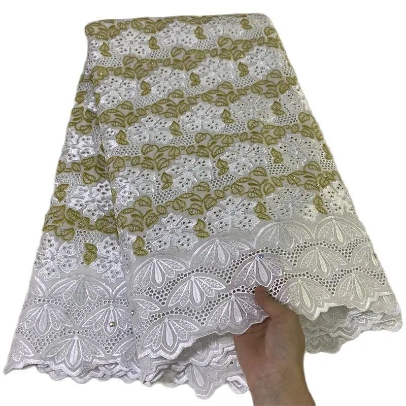 

Newest Gold Swiss Voile Lace With Stones 100% Cotton Fabrics Holed Embroidery Dry Lace For Nigerian Garment Sewing 5 Yards