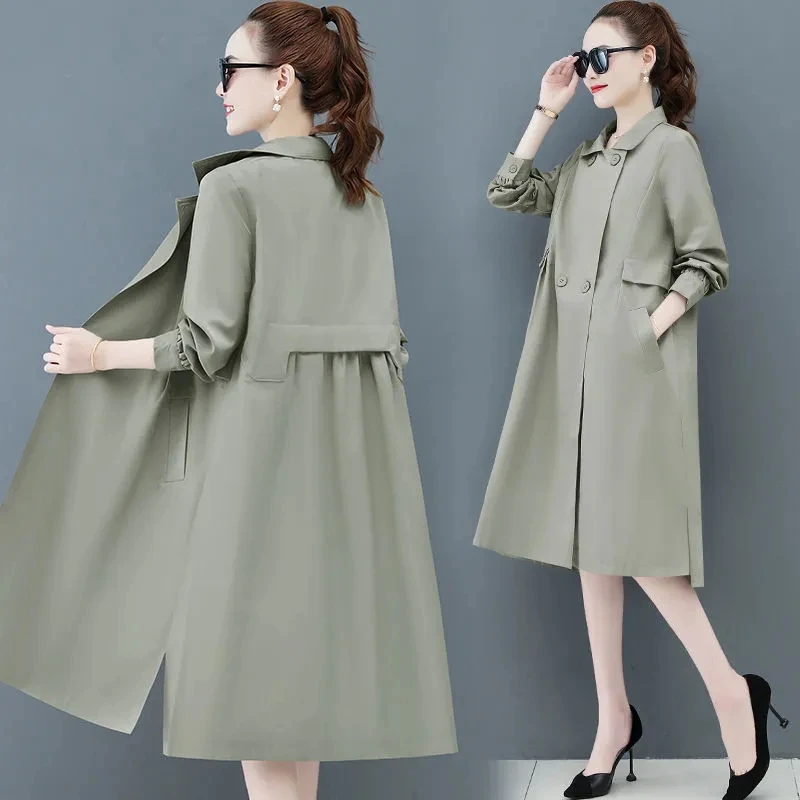 

Женский двубортный плащ, свободная Ветровка цвета хаки, черная длинная верхняя одежда, весна-осень 2023