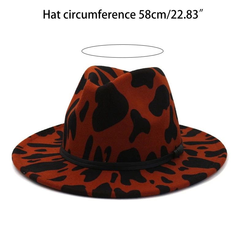 Western Cowboy Hat Cow Print Cowboy Hat with Leather Rope Big Brim Hat Jazz Top Hat All-match Cowboy Felt Hat for Unisex images - 6