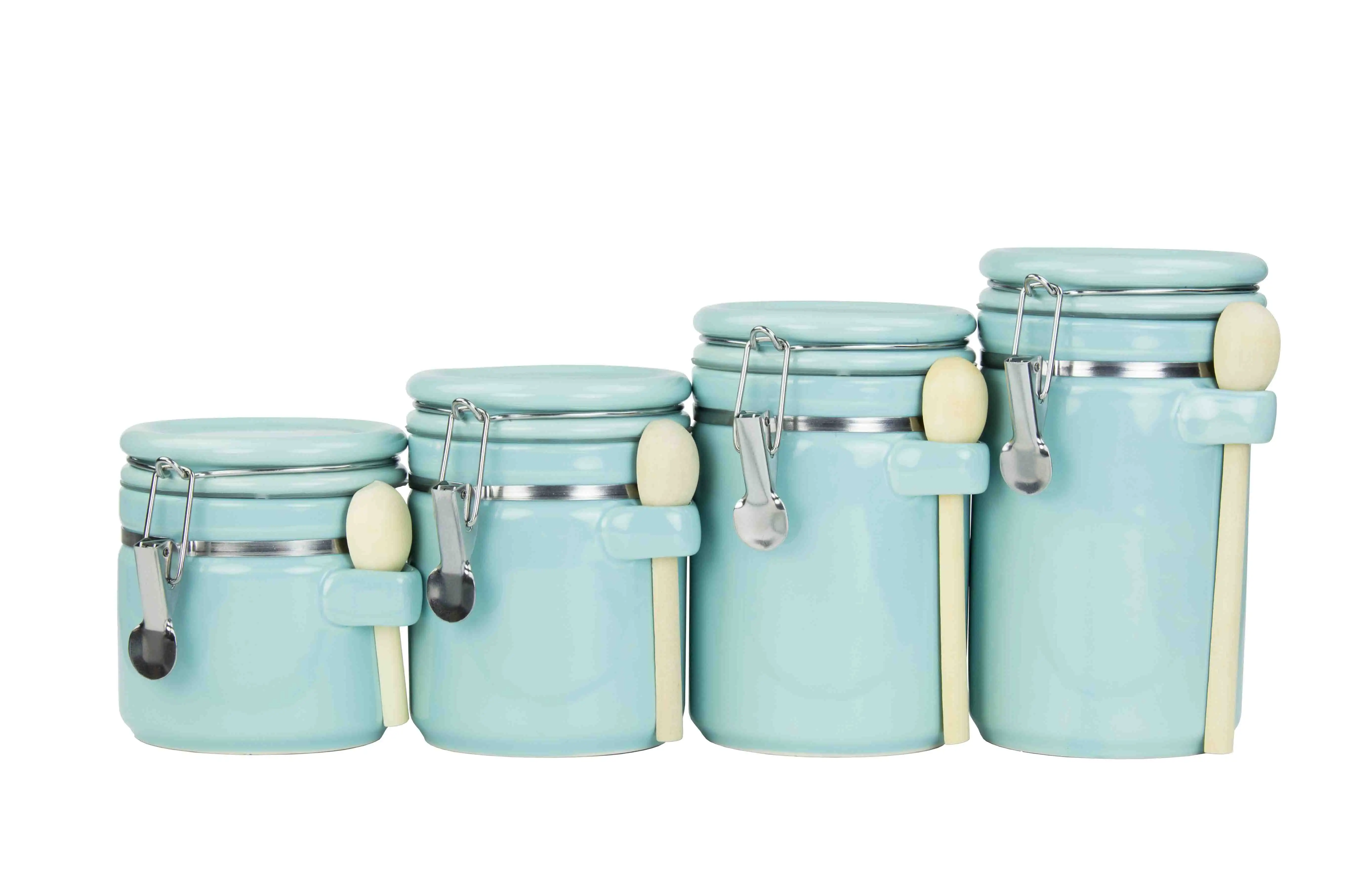 

Home Basics 4 Piece Ceramic Canisters with Easy Open Air-Tight Clamp Top Lid and Wooden Spoons, Turquoise