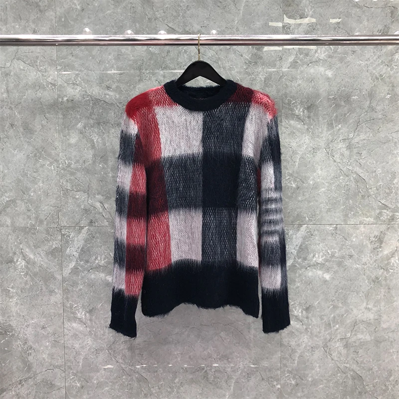 TB THOM Women's Sweater Korean Brand Fashion Designer Pullovers Sweaters For Men Clothing Mohair Check Round Neck TB Sweater