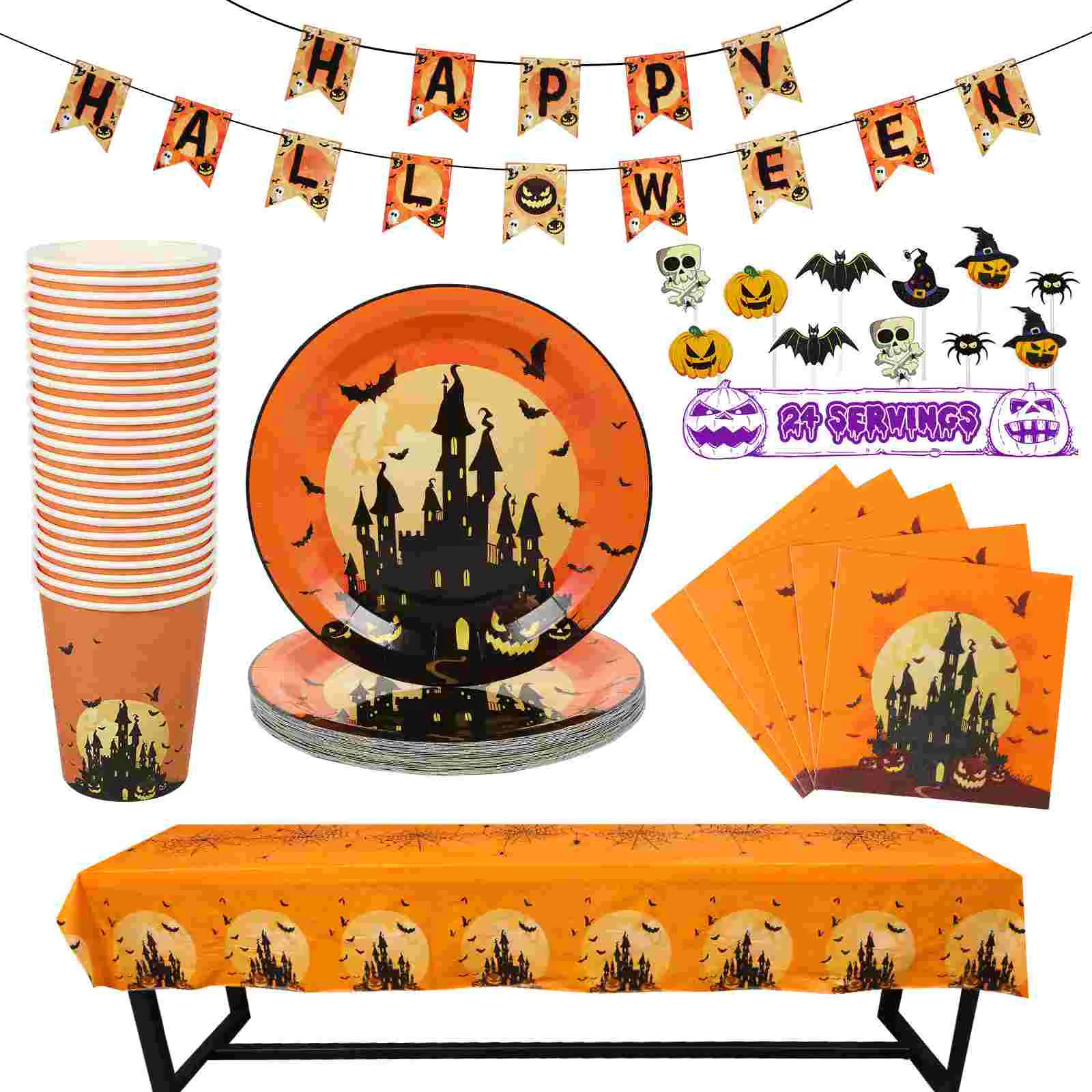 

Halloween Set Tableware Paper Party Napkins Plates Cutlery Dinnerware Tablecloth Cup Plate Guest Cups Adults Sets Pumpkin Black