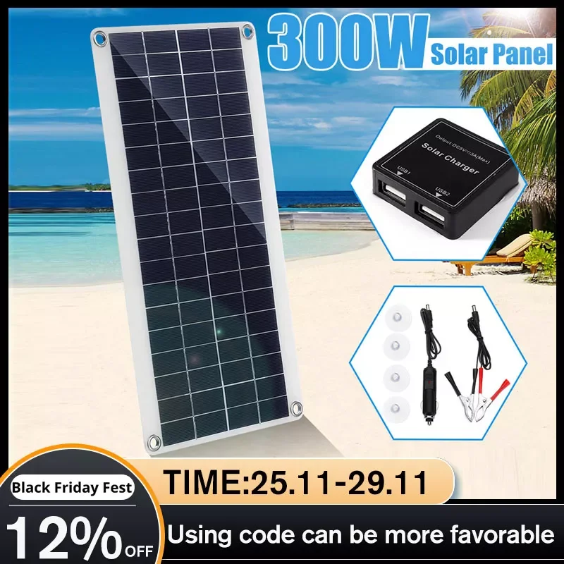 

300W Solar Panel Portable Dual 12/5V DC USB Waterproof Fast-charging Emergency Charging Outdoor Battery Charger For Car Yacht RV