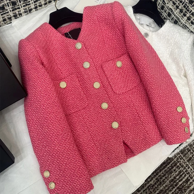 

2023 Early Spring New Solid Small Fragrant Short Coat Women's V-neck Pink Tweed Temperament Short Top