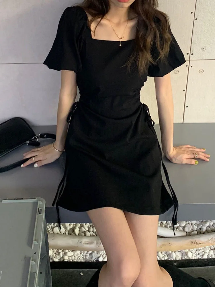 

Простые Летние женские платья 2022, ажурное мини-платье на шнуровке, Женская Клубная одежда, халаты, однотонная Черная Женская одежда, уличная...