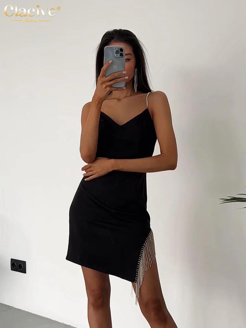 

Clacive Sexy Strap V-Neck Black Women'S Dress Summer Bodycon Sleeveless Backless Mini Dress Elegant Slim Tassel Party Dresses