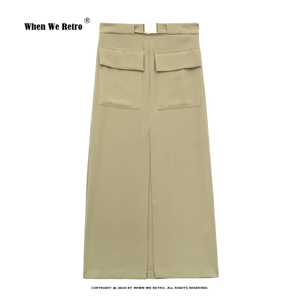 

Женская Юбка-миди цвета хаки с высокой талией и разрезом, украшенная карманами, модная уличная длинная юбка Y2k RS457