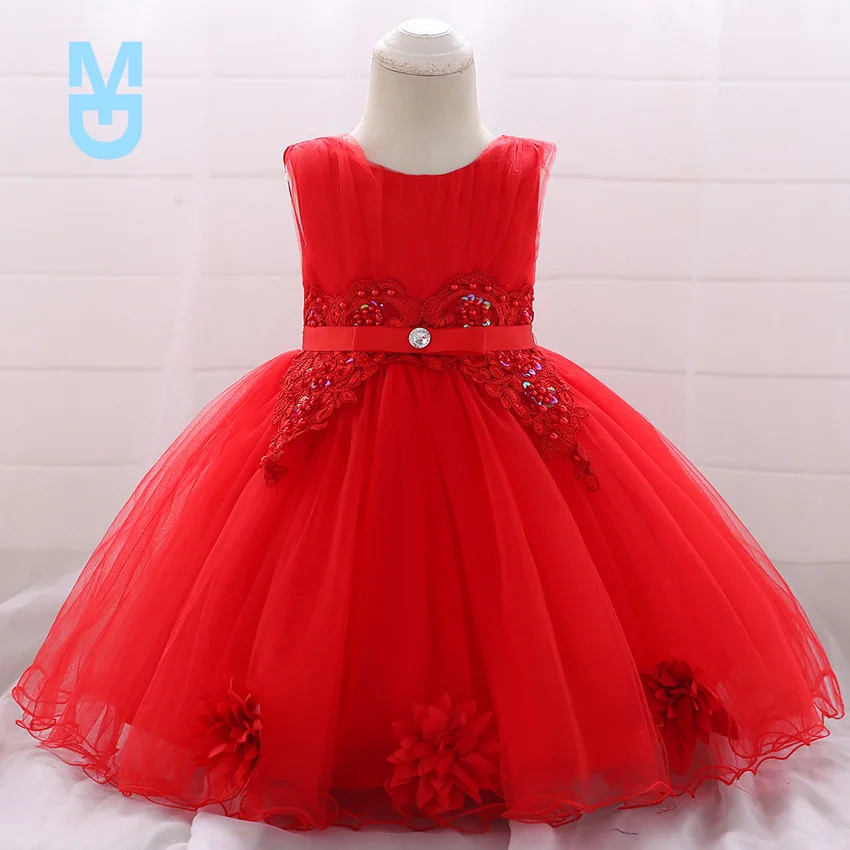 

New Baby Girl Clothes Flower Bow Lace for 1 Years Dress Kids Girls Birthday Toddler Birthday Party Princess Baptism Dress