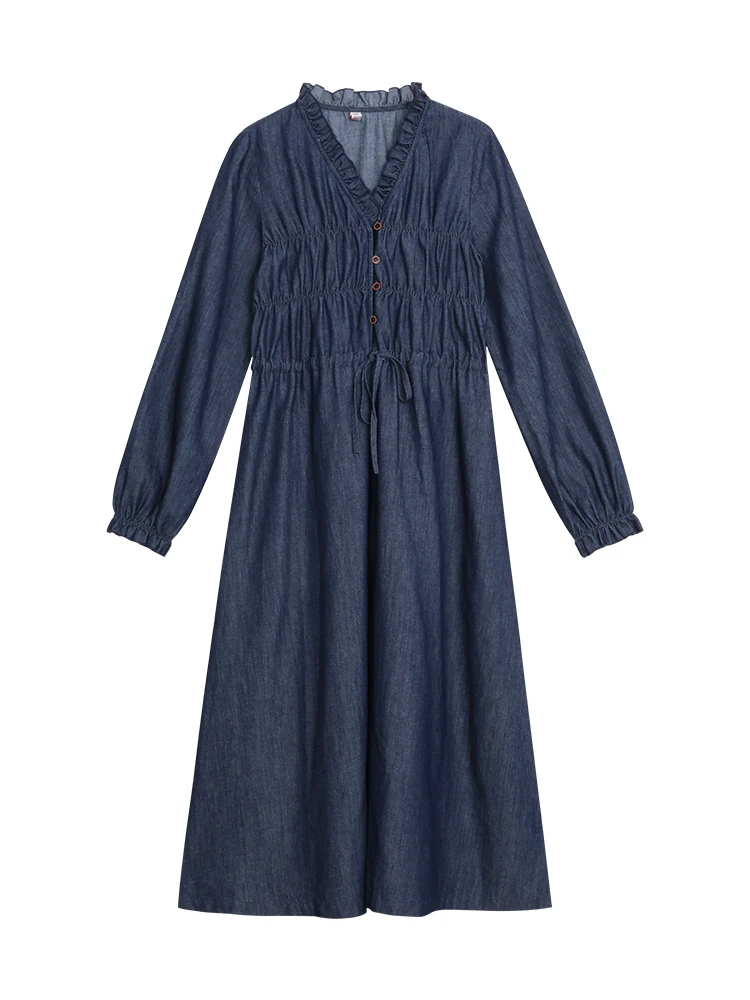 Элегантная джинсовая юбка с деревянными ушками платье длинными рукавами женское