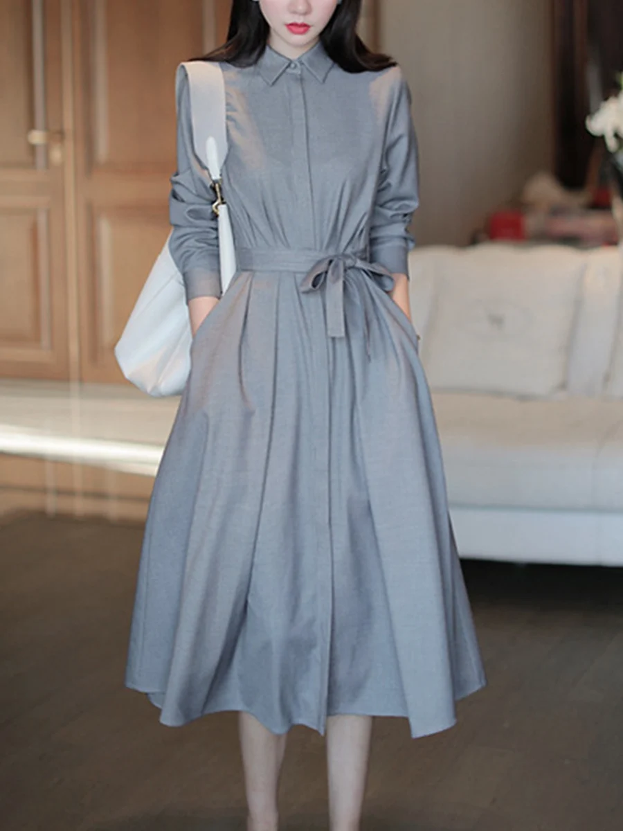 

Fresh Elegant Women Dress Casual Long Sleeve Solid Color Pullover Zipper Patchwork Lapel Retro Spring A-line Dress For Ladies