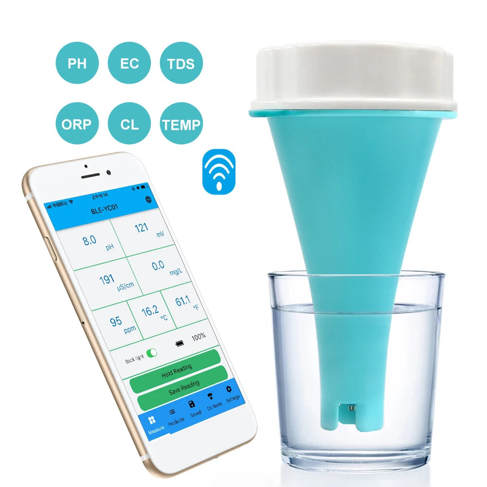 

6-in-1 Residual Chlorine Monitor Backlit LCD Display Water Monitor Testing Glass Probe Smart Equipment Bluetooth-compatible