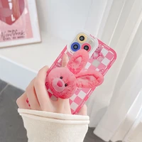 ins cute lattice cartoon rabbit bracket phone case for iphone 11 12 13 pro xs max x xr 7 8 plus pink soft shockproof back cover