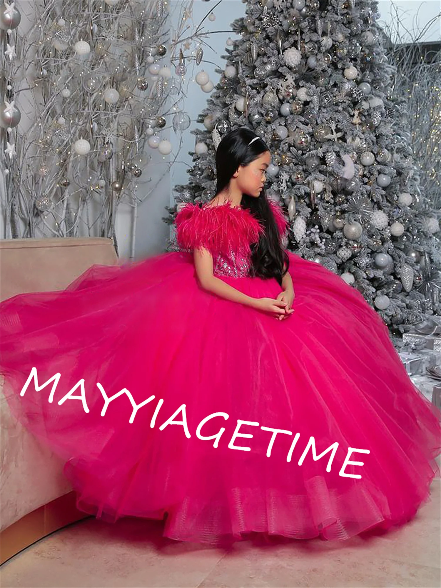 

Красные пушистые Платья с цветочным рисунком для девочек, без рукавов, с перьями и блестками, для дня рождения, яркое свадебное платье