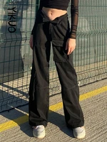 yikuo black solid straight cargo pants women low waist mom jeans vintage 90s grunge streetwear casual hippie denim trousers