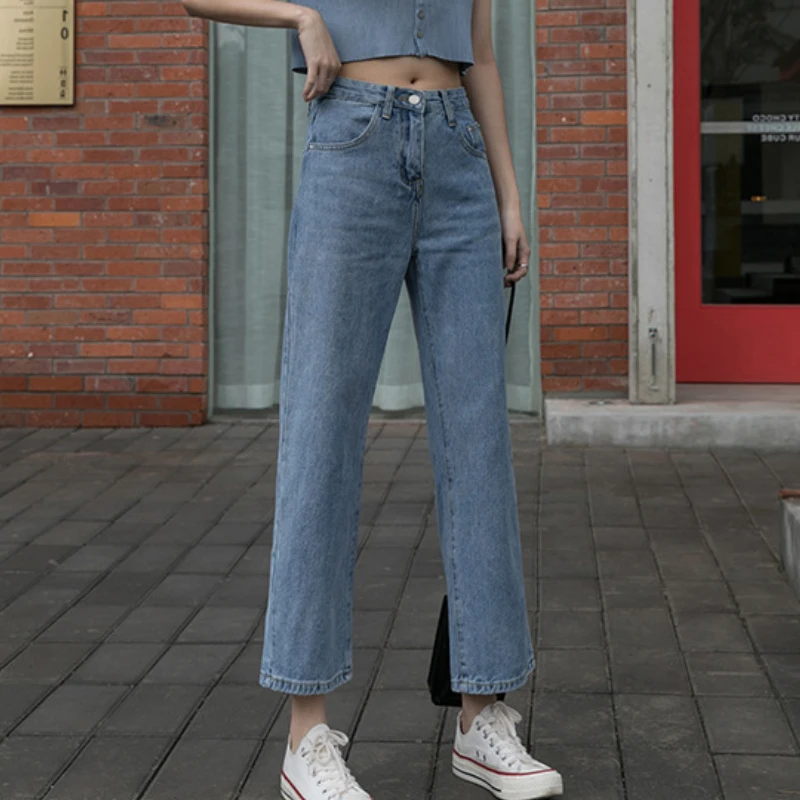 

Women's Straight Loose Loose 2021 New Wide-leg Ninth Pants Fall Back Slit High Waist Blue Jeans Summer Female New Solid Trouser