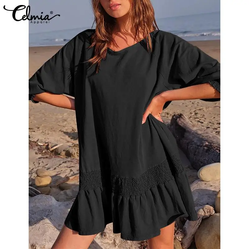 

2022 женское мини-платье с баской и рукавом 3/4, летнее повседневное плиссированное платье Celmia, Элегантный женский мешковатый сарафан с оборка...