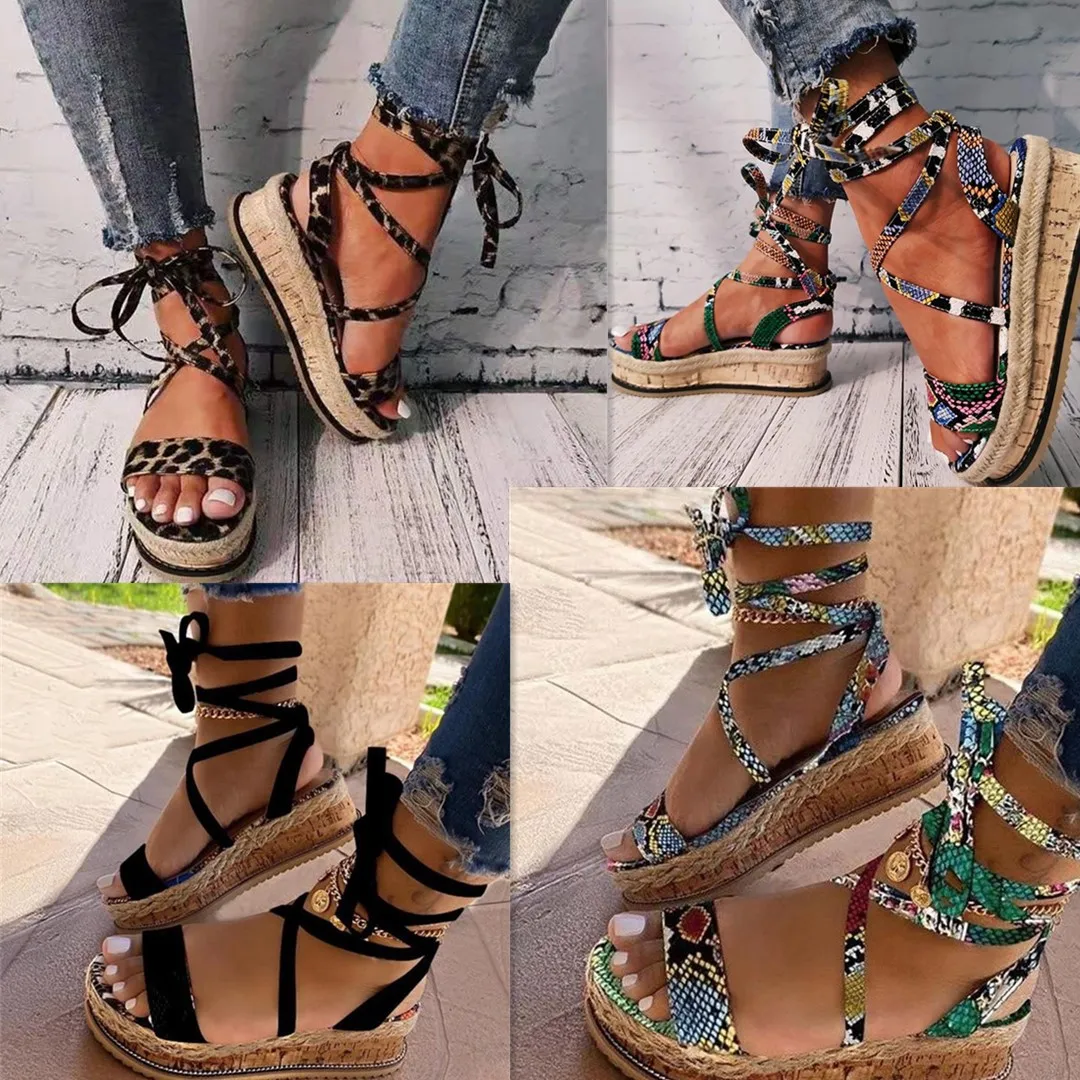 

New Summer Women Snake Printed Sandals Platform Heels Fashion Sexy Peep Toe Beach Party Plus Size Ladies Sandals