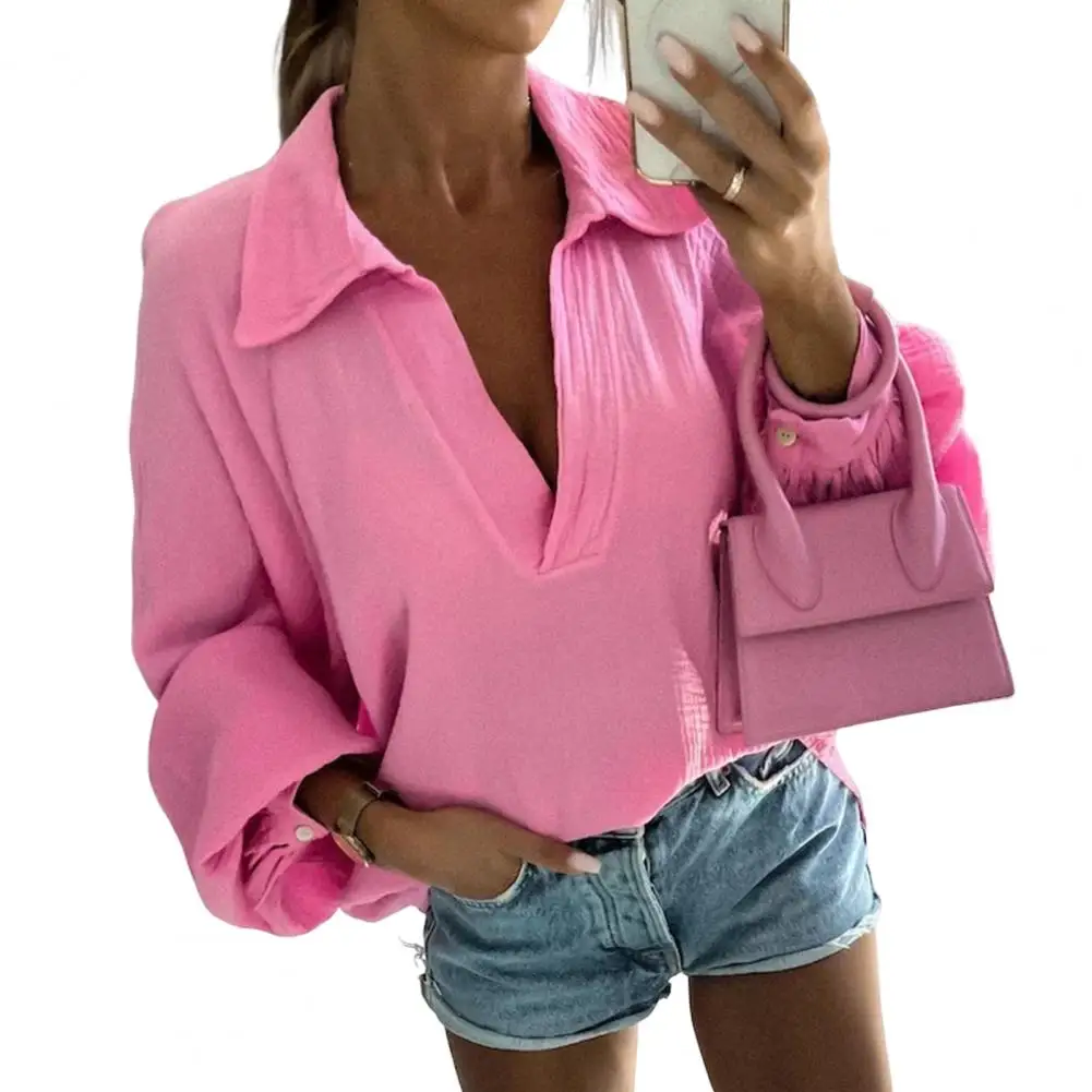 

Women Lantern Long Sleeve Loose Shirts V Neck Lapel Loose Fit Autumn Shirt Solid Color Casual Shirt Female Clothing Party Blouse