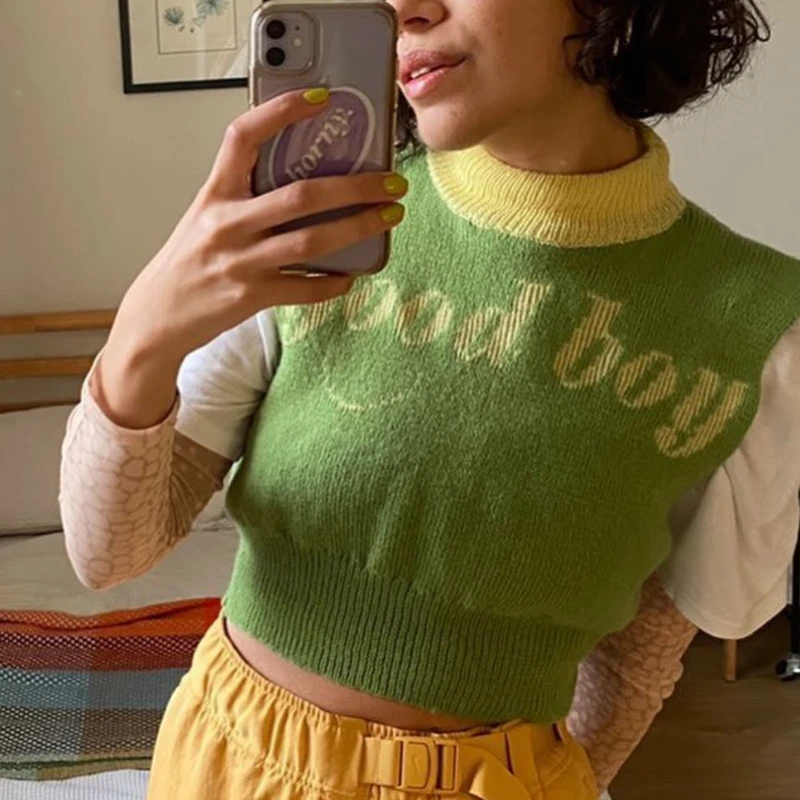 

Dourbesty y2k Women's Knitted Sweater Vest Fairycore Patchwork Letter Pattern Sleeveless Jumpers Knitwear Tops Aesthetic Vintage