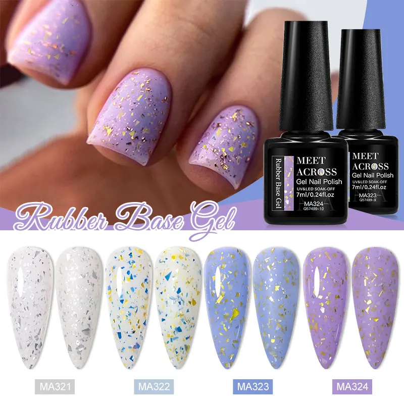 MEET ACROSS 7ml Milk White Rubber Base Gel Silver Gold Pink Foils Glitter Semi-Permanent Nail Art Varnish For Nails Manicure