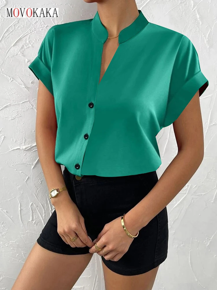 

MOVOKAKA Ladies Green Tops Women's Blouses Fashion Solid Color Casual Short Sleeve Office Elegant Work Shirts Female Slim Blusas