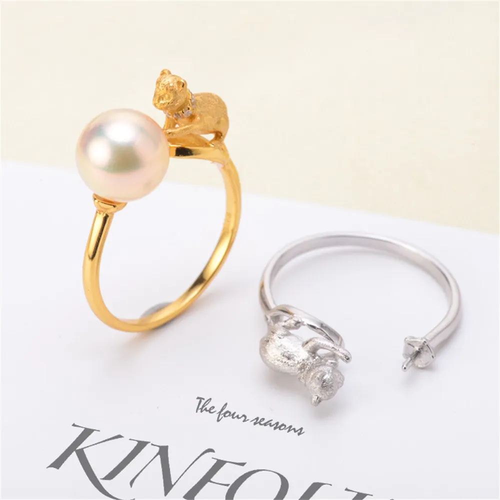 

DIY Pearl Accessories S925 Sterling Silver Pearl Ring Empty Holder Cute and Cute Mouse Ring Holder with 8-10mm Beads