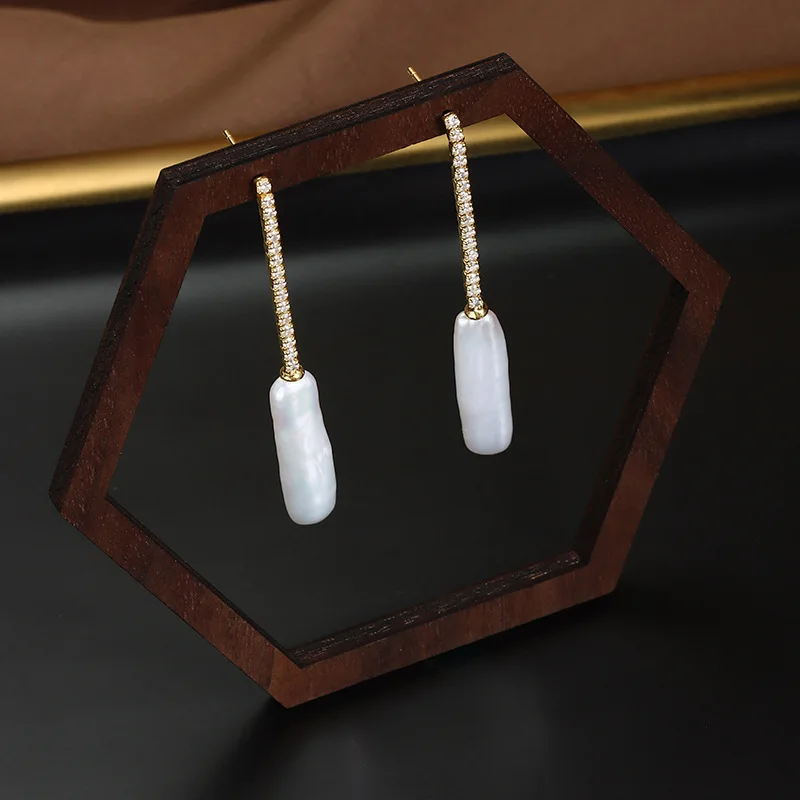 

Stick Bar Real Baroque Pearl Long Earrings Women Luxury Simple Jewelry Shiny Zircon Crystal Tassel Dangle Earrings Wedding Gifts