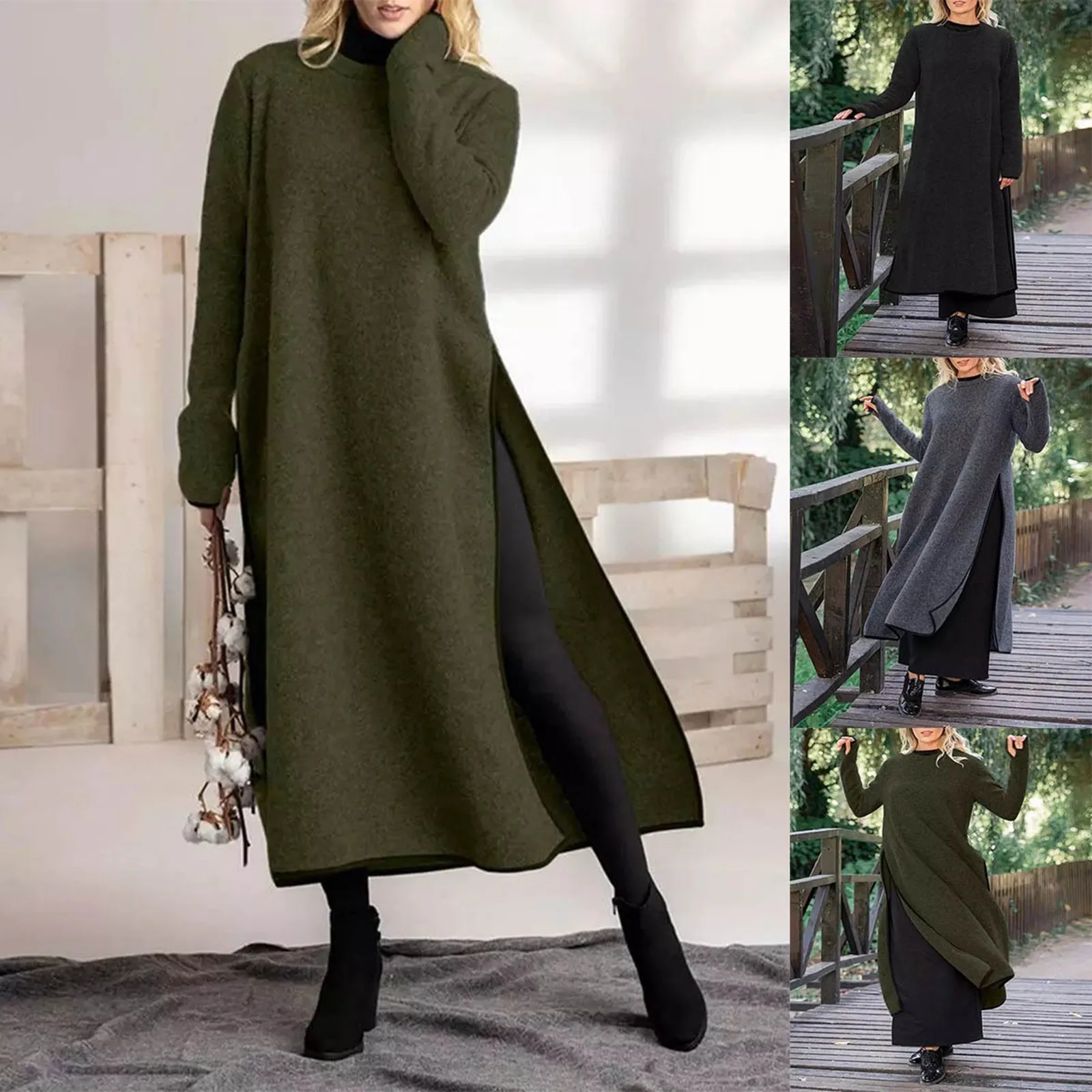 

Autumn And Winter Women's Knitted Long Dresses Fashion Solid Colour Hem Split Loose Long Dress Casual Thickened Warm Dresses