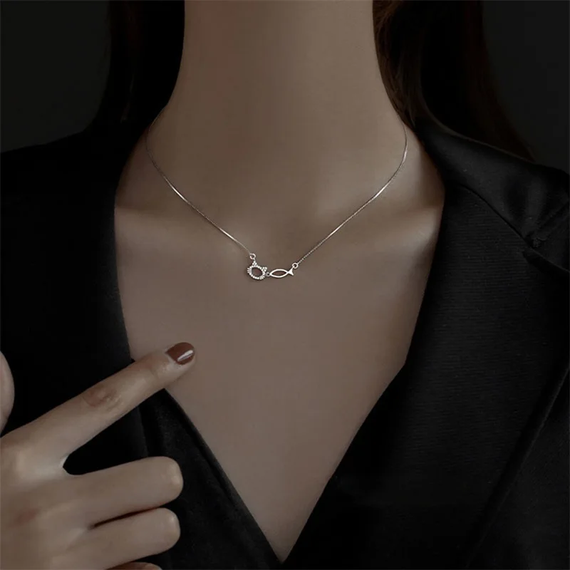 

2022 New Cat and Fish Pendant Necklace for Women Fashion Silver Gold Color Thin Chain Necklaces Collier Jewelry