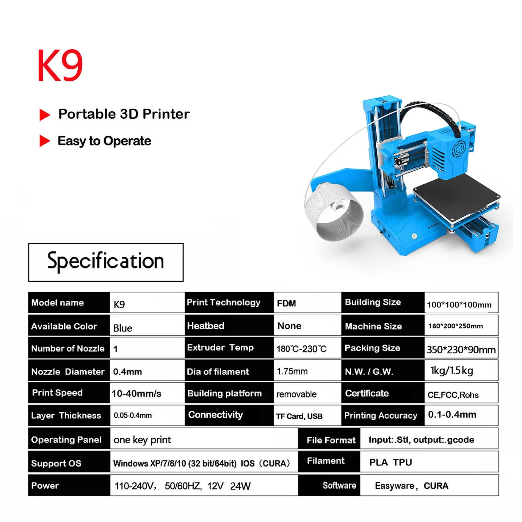 Фото Новый модульный портативный 3D-принтер K9, настольный мини-принтер FDM 100x100x100 мм, поддержка PLA/TPU, бесшумная печать через USB, простая сборка №3