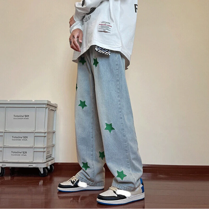 Mens Y2K Clothes Jeans Star Embroidery Denim Trousers  Streetwear Baggy Pants Casual Jean Vintage Hip Hop Wide Leg Pants Men