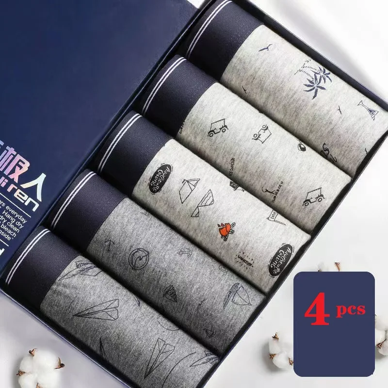 4pcs/Lot Pure Cotton Men'S Underwear Antibacterial Breathable Print Men'S Boxer Shorts Sports Plus Size Male Underpants