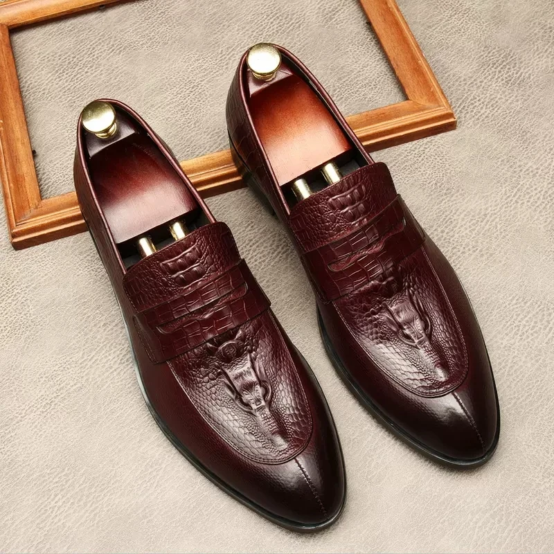 Genuine Leather Slip On Loafer Shoes Men Luxury Crocodile Pattern Formal Urban Man Dress Shoes