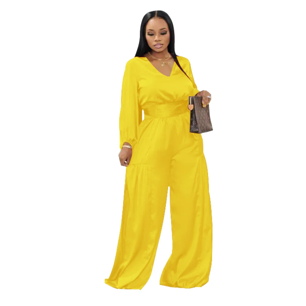

Zoctuo Casual Overalls One Piece Pants Solid Women's Jumpsuits Rompers Autumn Lantern Sleeve V-Neck Baggy Silk Jumpsuit Outfit